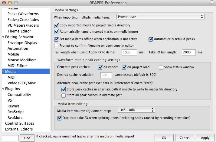 Creating Reaper project file, making sure copy imported media is checked