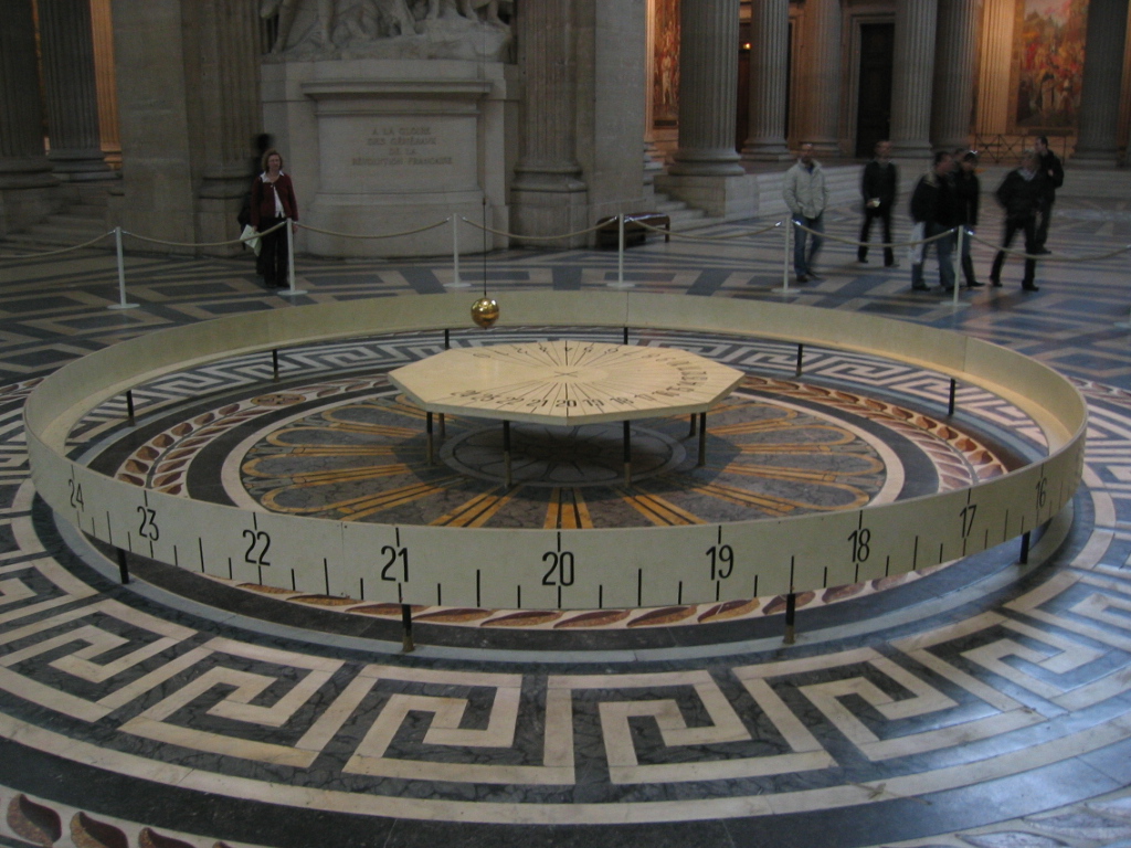 An image of a Foucault's pendulum (a weight suspended by a rope from an anchor point in the air)