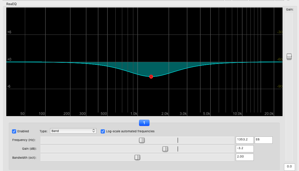 The interface for a single band filter in the Reaper DAW