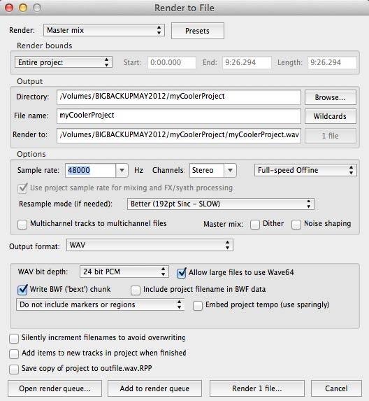 Example of Reaper render settings