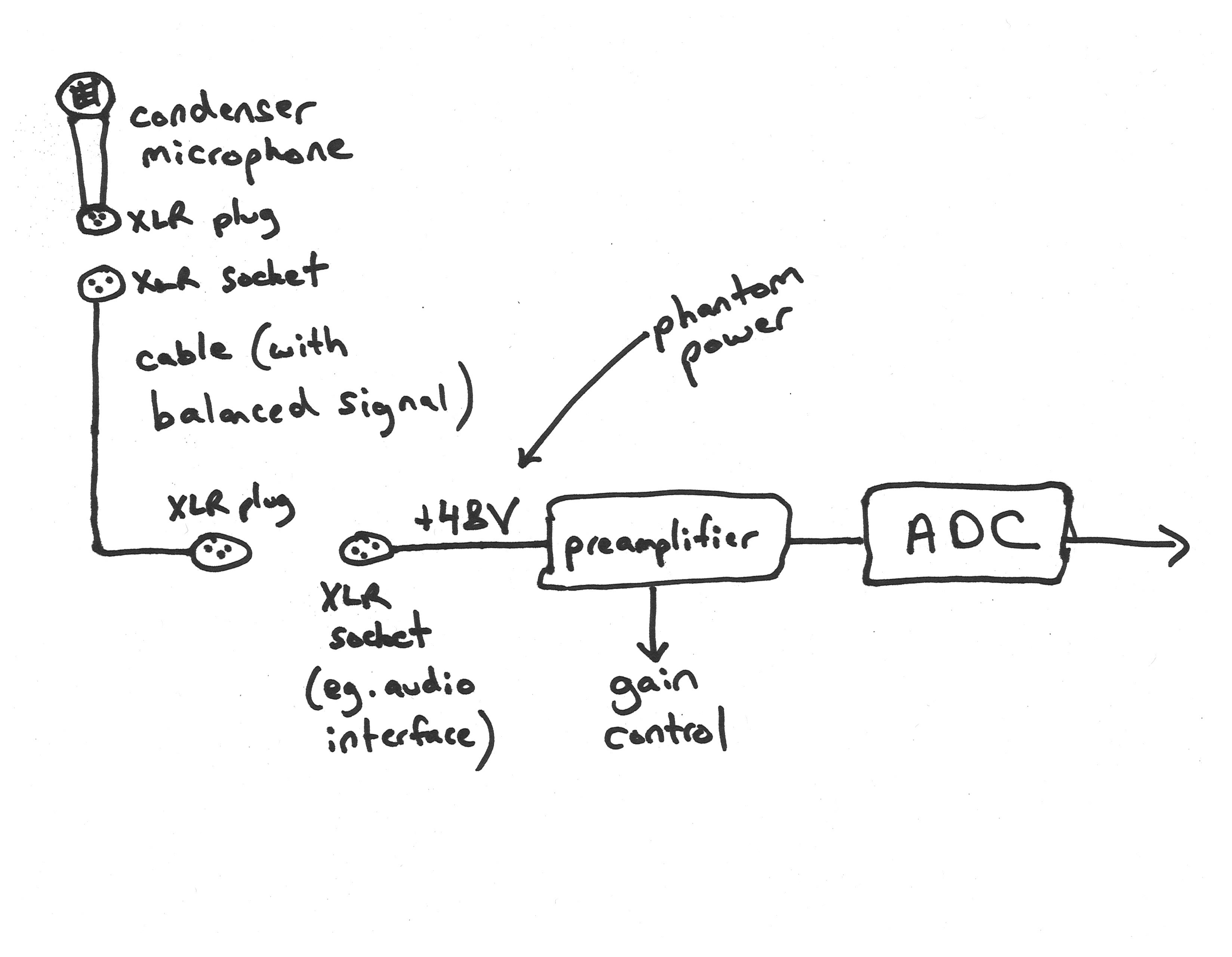 Diagram (described in text) showing connections of a typical microphone connection