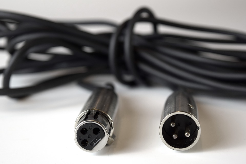 A typical XLR cable, showing both plug and socket ends
