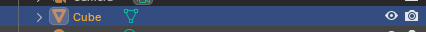 A close-up of Blender's Outliner panel, focused on the default cube, with the eye icon to show/hide the object visible to the right